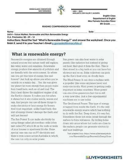 Reading Renewable Energy worksheet