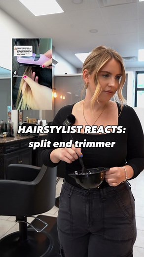 The viral split end trimmer is big NO!!! 🚫 There is no long term, healthy solution offered from this product. Haircuts are not only meant to remove split ends but ensure the ends of your hair appear thick and healthy while creating a shape that works for styling. Simply cutting away at the split areas will not have the same affect as a hair cut. Just come to the salon!! #hairstylist #splitends #splitendtrimmer #haircut #tiktokshop #splitenderpro @mountainblissmarketing