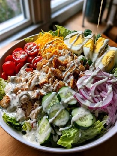 9.5K views · 22 reactions | Mediterranean 15mins chef salad Ingredients Greens 4 cups mixed greens or romaine lettuce, chopped Protein 1 cup cooked chicken or turkey, sliced or cubed 2 hard-boiled eggs, sliced or quartered Full Recipe In The Comment Section⬇️⬇️♥️♥️ | Mediterranean Diet & Recipes For Beginners | Facebook