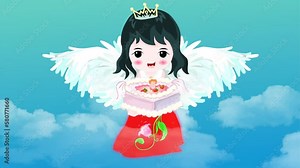 beautiful cartoon fairy girl flying, Background and 2d animation, fairy tale with cake in hands, clouds, princess fairy
