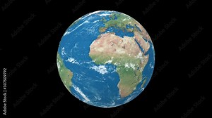 Realistic rotating Earth planet isolated on black background. Spinning 3d earth globe seamless looping animation.