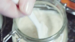 Time lapse. Preparing homemade sourdough starter for baking bread.