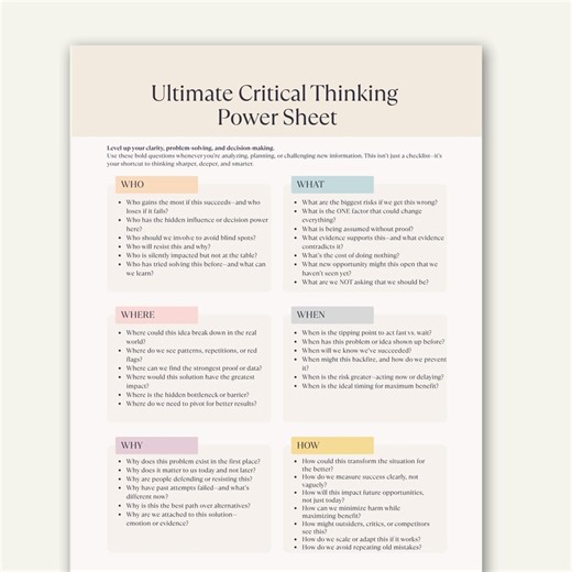 Critical Thinking Power Sheet, Decision Making Worksheet, Self Awareness Reflection Tool - Etsy