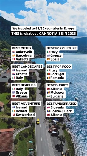 ✨ Planning your 2026 European adventures? Here’s our ultimate guide! 🏙️ Best Cities�🇭🇷 Dubrovnik – Walk its old town walls and feel medieval vibes�🇪🇸 Barcelona – Gaudí magic and tapas for days�🇲🇹 Valletta – Tiny capital, massive charm 🌿 Best Nature/Landscapes�🇮🇸 Iceland – Glaciers, waterfalls, and volcanic vistas�🇭🇷 Croatia – Dramatic cliffs & turquoise seas�🇮🇹 Italy – From Dolomites to lakeside tranquility 🏖️ Best Beaches/Coasts�🇮🇹 Italy – Amalfi & Sardinia, pure paradise�🇬🇷