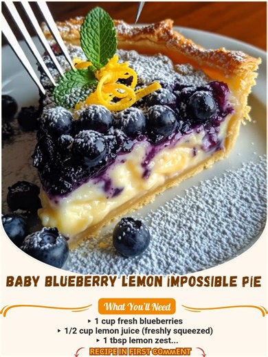Baby Blueberry Lemon Impossible Pie A sunshine-filled treat perfect for spring brunches or summer evenings. 🍋🫐 🥣 Ingredients: ▸ 1 cup fresh blueberries (plus extra for topping) ▸ 1/2 cup lemon juice (freshly squeezed) ▸ 1 tbsp lemon zest ▸ 3/4 cup granulated sugar ▸ 1/2 cup all-purpose flour...👇💬 | Easy Trending Recipes