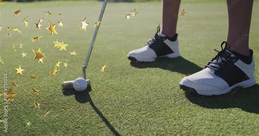 Woman golfer preparing putt on green in sports, showing golf ball metallic putter golden stars