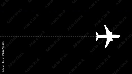 Animated airplane flying on dash line path from left to right with start point and dash line trace. Dashed line route animation on transparent background 4k