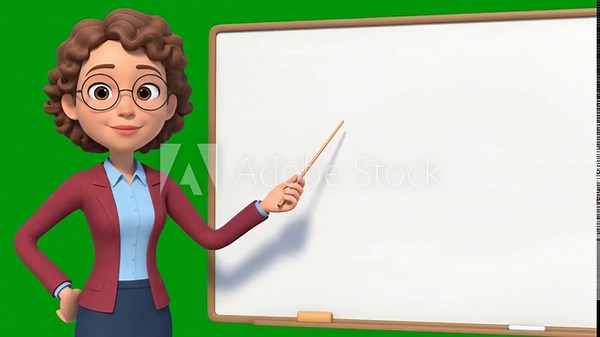 Animated Teacher Presenting at Whiteboard with Green Screen Background, Cartoon Educator Pointing with Stick at White Board for Teaching