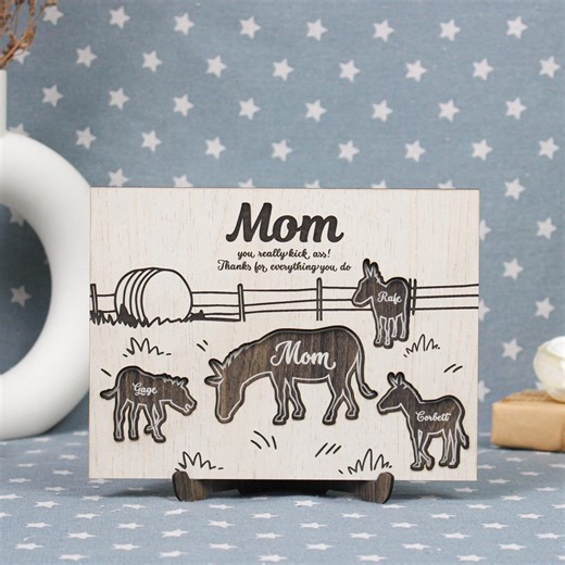 Funny Donkey Family Customized Sign, Personalized Engraved Mom Sign With Kids Names, Mom Appreciation Mother's Day, Meaningful Gift From Kid - Etsy