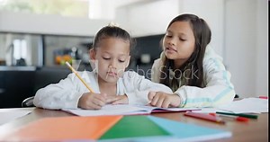 Girl, sister and help or support with homework, learning and writing in notebook for education or care. Family, people and kids with teaching, tutor and siblings with conversation and development