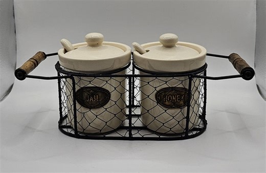 Rustic Jam and Honey Jar Set With Wire Basket | Ceramic Condiment Pots With Lids and Spoons | Farmhouse Kitchen | Breakfast Table Set - Etsy