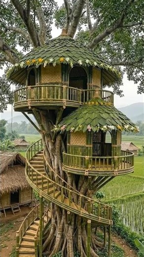 A village man building a beautiful tree house from bamboo and leaves #ai #crafts