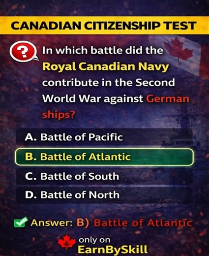 Canadian Citizenship Test 2026 🇨🇦 | Royal Canadian Navy WWII Question| Battle of the Atlantic Quiz