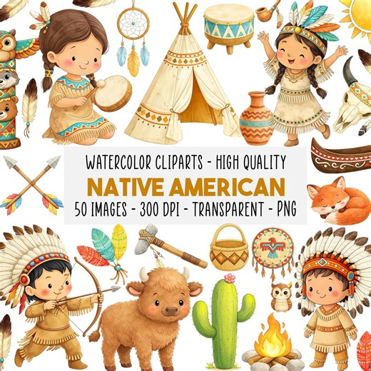 50 Native American Clipart PNG, Cute Indigenous Kids, Tribal Animals Symbols, Nursery Boho Watercolor Graphics Set, Instant Download - Etsy