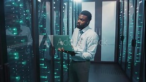 Server technician specialist working on laptop computer running diagnostics on server rack cabinets in contemporary data or cyber security center. Technology concept.