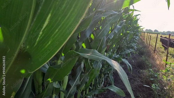 Agricultural Farm Scene with Corn and a Cow. Domestic cattle grazes in a pasture next to a tall agricultural corn field. Rural farm scene.