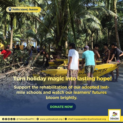 This Christmas, the spirit of bayanihan calls us to rebuild what storms have taken. Recent earthquakes and typhoons have damaged Yellow Boat of Hope-adopted last mile schools and communities, yet resilient kababayan stand ready to rise. Through our 𝗕𝗮𝘆𝗮𝗻𝗶𝗵𝗮𝗻 𝗕𝘂𝗶𝗹𝗱 𝗕𝗮𝗰𝗸 𝗕𝗲𝘁𝘁𝗲𝗿 program, every donation restores classrooms, strengthens homes, and reignites education for children who refuse to be left behind. We are #BlessedToGive, and your gift turns holiday joy into lasting 
