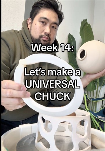 Have you ever seen a Universal Chuck made of clay? I just made one! It’s still week 14 since starting my pottery journey and I was in dire need of a chuck to trim all these bottles and jars but I was not about to make a ton of different sizes, so I designed a universal Chuck to trim most of the things I throw! Now I just need to figure out how to add modular height to the chuck for different bottle neck heights! Besides throw a taller chuck of course! Any ideas? @oblate_clay