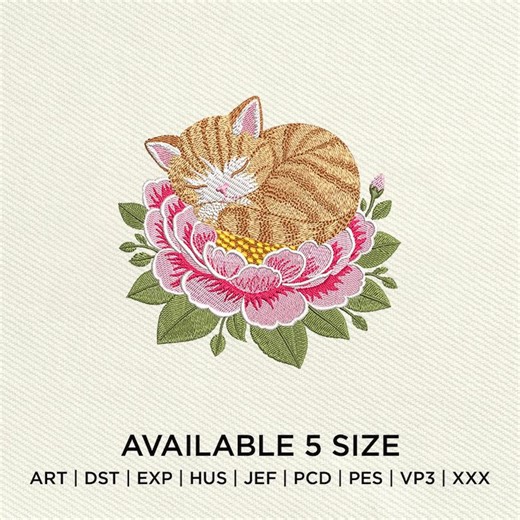 Sleeping Cat Floral Embroidery Design (digital Download) - Etsy