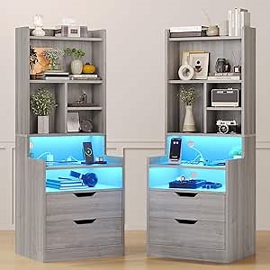 ADORNEVE Grey Nightstand Set of 2,Night Stand with Charging Station and LED Lights,Tall Bedside Table with Bookshelf and Drawers,Side Tables Bedroom