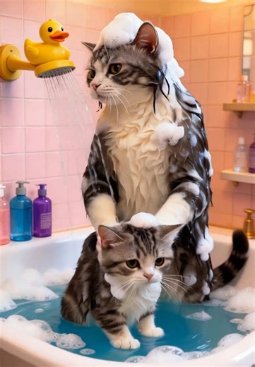 Mommy Cat Delivers the Gentlest Bath for Her Kitten