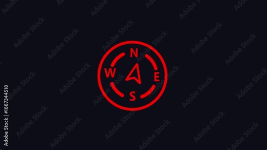 Red compass icon with NSEW directions and arrow on dark background navigation north