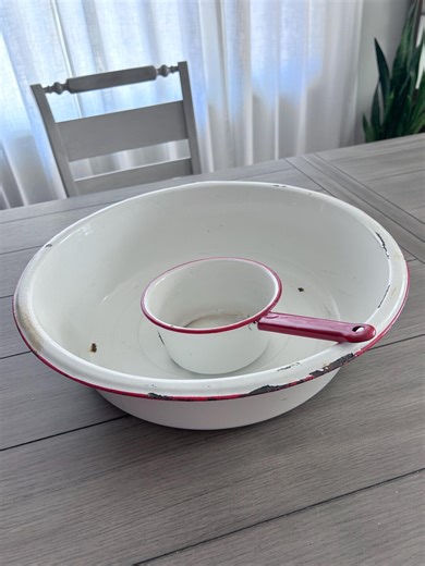 Vintage Enamelware Saucepan and Wash Pan Set, White Black Trim Kitchenware - Etsy