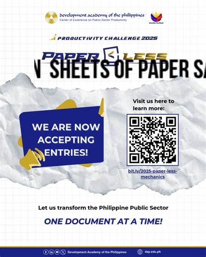 𝗝𝗢𝗜𝗡 𝗔𝗡𝗗 𝗕𝗘 𝗥𝗘𝗖𝗢𝗚𝗡𝗜𝗭𝗘𝗗! We’re thrilled to announce that we are 𝗡𝗢𝗪 𝗔𝗖𝗖𝗘𝗣𝗧𝗜𝗡𝗚 𝗘𝗡𝗧𝗥𝗜𝗘𝗦 for the 2025 Productivity Challenge: Paper-less We invite you to share your groundbreaking initiatives so we can spotlight your contributions and showcase your impact. Submit your innovative entries today and inspire others to make the change! Discover more about this year’s 𝗣𝗿𝗼𝗱𝘂𝗰𝘁𝗶𝘃𝗶𝘁𝘆 𝗖𝗵𝗮𝗹𝗹𝗲𝗻𝗴𝗲 and explore its exciting campaigns: 𝗣𝗿𝗼𝗱𝘂𝗰𝘁𝗶𝘃𝗶�