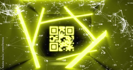 Animation of flickering qr code over connections with numbers and neon lights