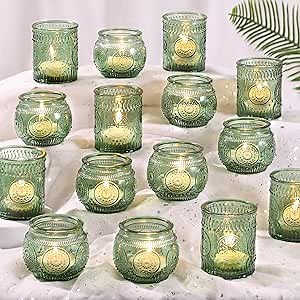 DARJEN 48Pcs Green Votive Candle Holders- Glass Candle Holders Bulk for Flameless LED Tea Waxes, Romantic Candle Holder for Wedding Decor, Various Parties & Dinner Table