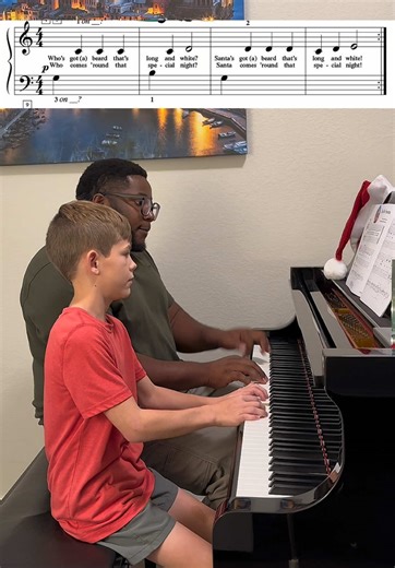 “Must Be Santa” from the Faber Christmas Book B. This is a lively and upbeat arrangement that captures the fun, call-and-response energy of the classic holiday tune. The piece is written with young pianists in mind, using simple rhythms, repeated patterns, and carefully placed hand positions that make it both accessible and exciting to play. Its bouncy melody encourages students to keep a steady tempo while practicing quick finger changes and light staccato touches. The playful lyrics and cheerf