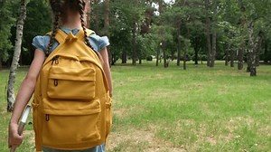 Child safety on the way to and from school. Girl pupil walks through the park alley to class in the morning. Little girl pupil goes after school with backpack. Protection of children