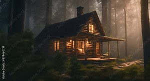 Cabin in a dark forest during the rainy season looping time lapse video 4k animation