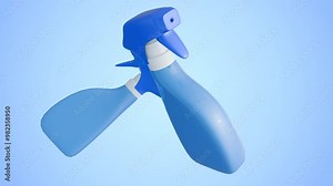 3d animation of sprayer bottle isolated in the blue background. The bottles have a light blue body and a blue spray nozzle.