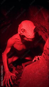 humanoid reptilian creature inside a dark cave, illuminated by red surveillance light. The scene resembles secret evidence footage from an underground monitoring camera.