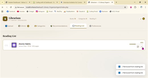 Roll # RSOA 84 Book #5 Task #20 📚💻 Just developed a fully functional E-Library Organizer Agent — a complete digital platform jahan users apni library easily manage aur organize kar sakte hain. 🔥 Key Features: ✅ Secure Signup / Login – Mobile/email verification & password protection ✅ Add & Organize Books – Easily add new books and categorize them by genre, author, or topic ✅ Search & Filter – Quickly find books using search or filters ✅ Track Reading Progress – Mark books as read, in progress