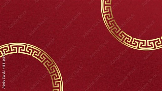 Seamless loop animation of a golden traditional Chinese circular border frame rotating smoothly, set against a rich red gradient background, creating a festive, elegant, and ceremonial visual atmosphe