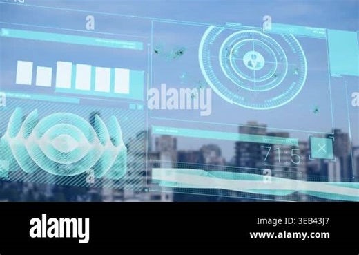 Animation of profile icons, map, numbers, graphs, soundwave over buildings against clear sky. Digital composite, multiple exposure, report, business, city, skyline, screen and technology concept Stock Video Footage - Alamy