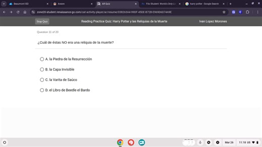 ¿Cuál de éstas NO era una reliquia de la muerte? A. la Piedra d... | Filo