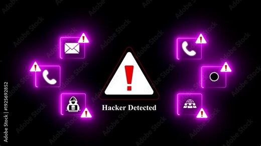 Hacker Detected Alert Warning Message Attack on World map. Wire frame Radar Network Seamless loop Motion Background. UI Elements HUD. Dives hacking concept.