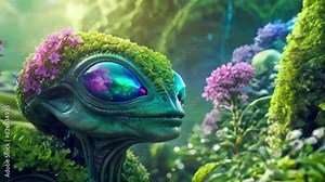 Cute friendly alien with large eyes among purple flowers in a lush landscape in Futuristic alien terrain. Fantasy world. Concept of extraterrestrial nature, alien life, sci-fi, whimsical. Motion