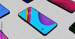 Concept of Mobile Phone App Promo with 3d mobile phone model. Background of smartphones with different screen backdrops.