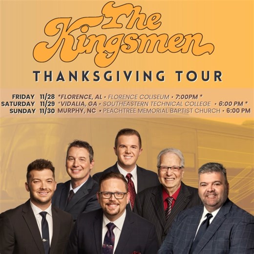 Kingsmen Quartet on Instagram: "Thanksgiving may be close to over, but we’re still celebrating God’s goodness on the road. 🍁🙌 Join us this weekend — two big nights with Bill Bailey Concerts , featuring Jeff & Sheri Easter , Hoppers , and Down East Boys ! No ticket required — a $15 donation is requested at the door. • *Florence, AL • Florence Coliseum • 7:00 PM* • *Vidalia, GA • Southeastern Technical College • 6:00 PM* Then on Sunday Night we will be with our friends at Peachtree Memorial Bapt