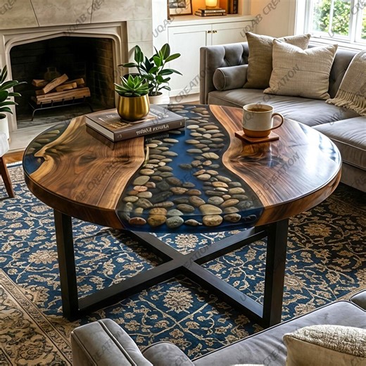 River Stone Blue Epoxy Resin Natural Wood Round Coffee Table – Modern Rustic - Etsy
