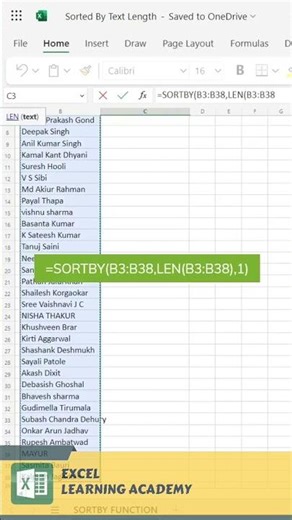 Sort data by text length in excel