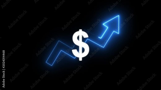 Money increases icon, dollar rate increase stretching arrow up icon .Glowing up arrow with dollar sign. Glowing neon line of dollar sign icon and up arrow isolated on transparent background
