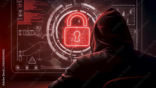 Hooded hacker watching red padlock symbol on digital screen for ransomware cyber attack and system encryption breach warning in network security violation and data access denial