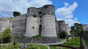 Gardens along bastions of Angers castle, France. Panning