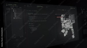 Writing Programming Commands For Futuristic Robot Security System. Typing Source Code Commands For Advanced Security System. Digital Robot Security System. Software Commands. Scripts. Cyberspace