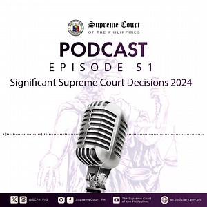 In 2024, the Supreme Court disposed of 4,294 cases, with a clearance rate of 87% and a disposition rate of 22%. Listen to the latest episode of the Supreme Court Podcast, as SC Spokesperson Atty. Camille Sue Mae L. Ting discusses the significant decisions in 2024 that the Supreme Court promulgated pursuant to its power of adjudication. You may also listen to the episode on Spotify and on the SC website. Spotify: https://open.spotify.com/episode/2Qr59gV0edLZwgBWNK9ouE?si=bz1CSAeyQUaJEQAZf4Zrjg SC